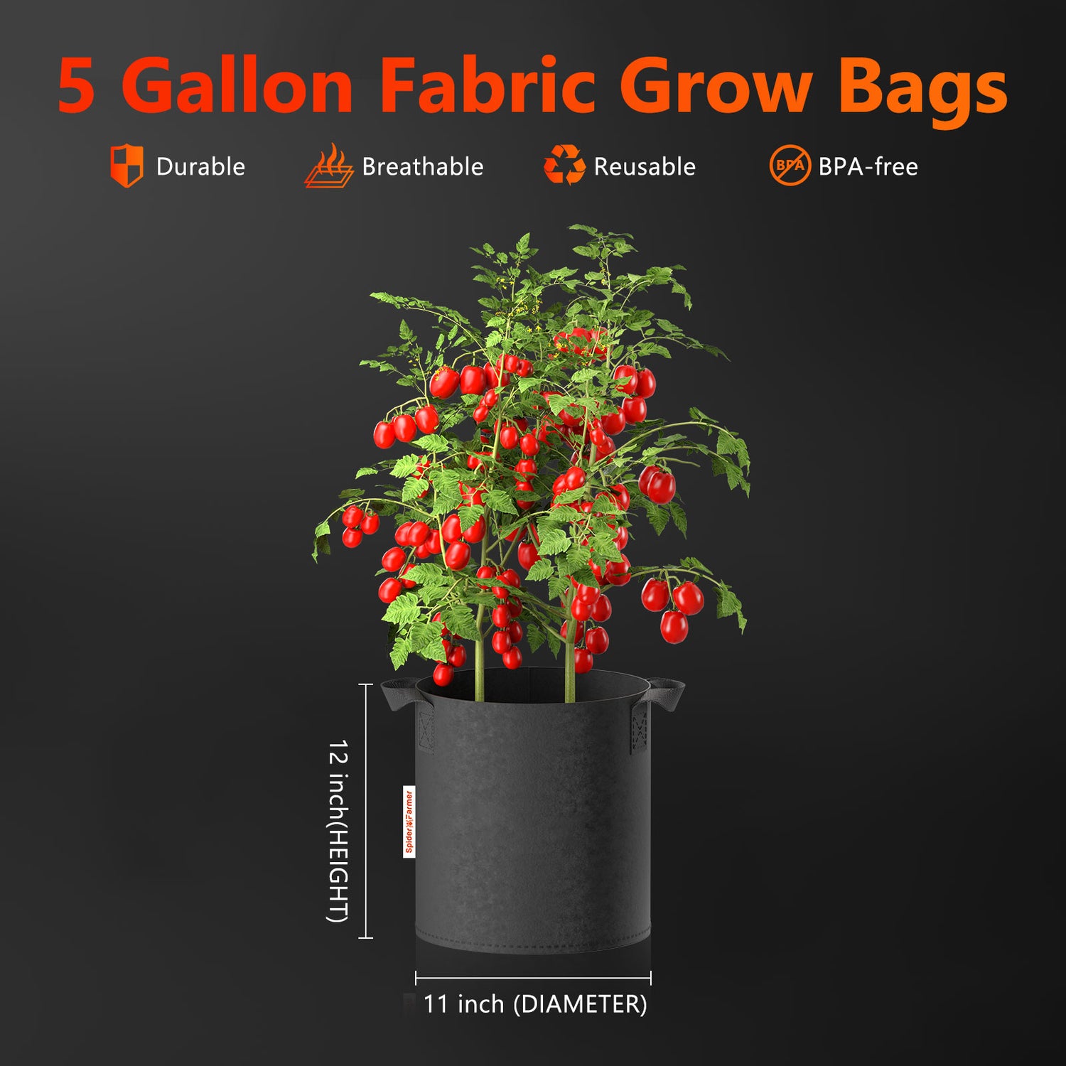 Spider Farmer 5-Gallon (18,9 Liter) Pflanzbeutel (5er Pack) – Premium Grow Bags für Ihre Pflanzen